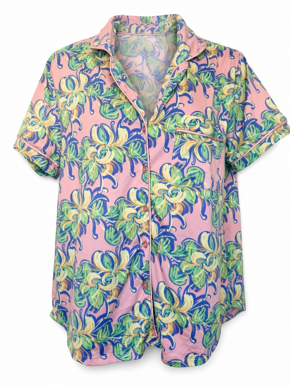 Lauren James LJ Size M Pink Tropical Floral Short Sleeve Pajama Top Sleep Shirt